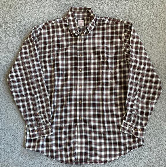 Brooks Brothers 346 Button Shirt Large No Iron Plaid Long Sleeve Red Lightweight - Picture 1 of 16